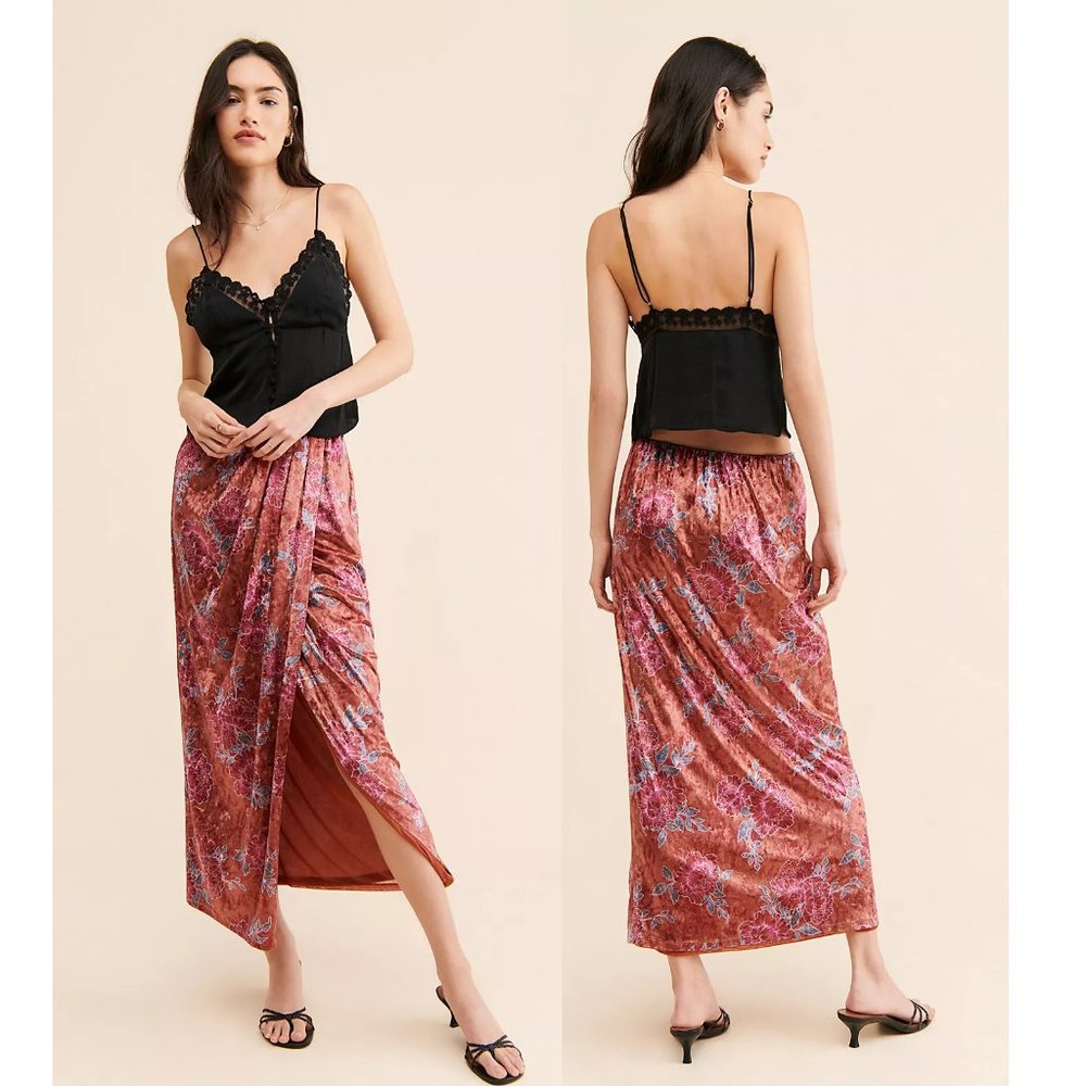 NEW Free People Poets Velvet Sarong Skirt Midi Multi Color Brown Pink Floral
